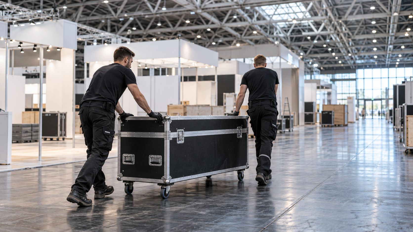 Logistikteam bewegt ein Flightcase durch eine Messehalle