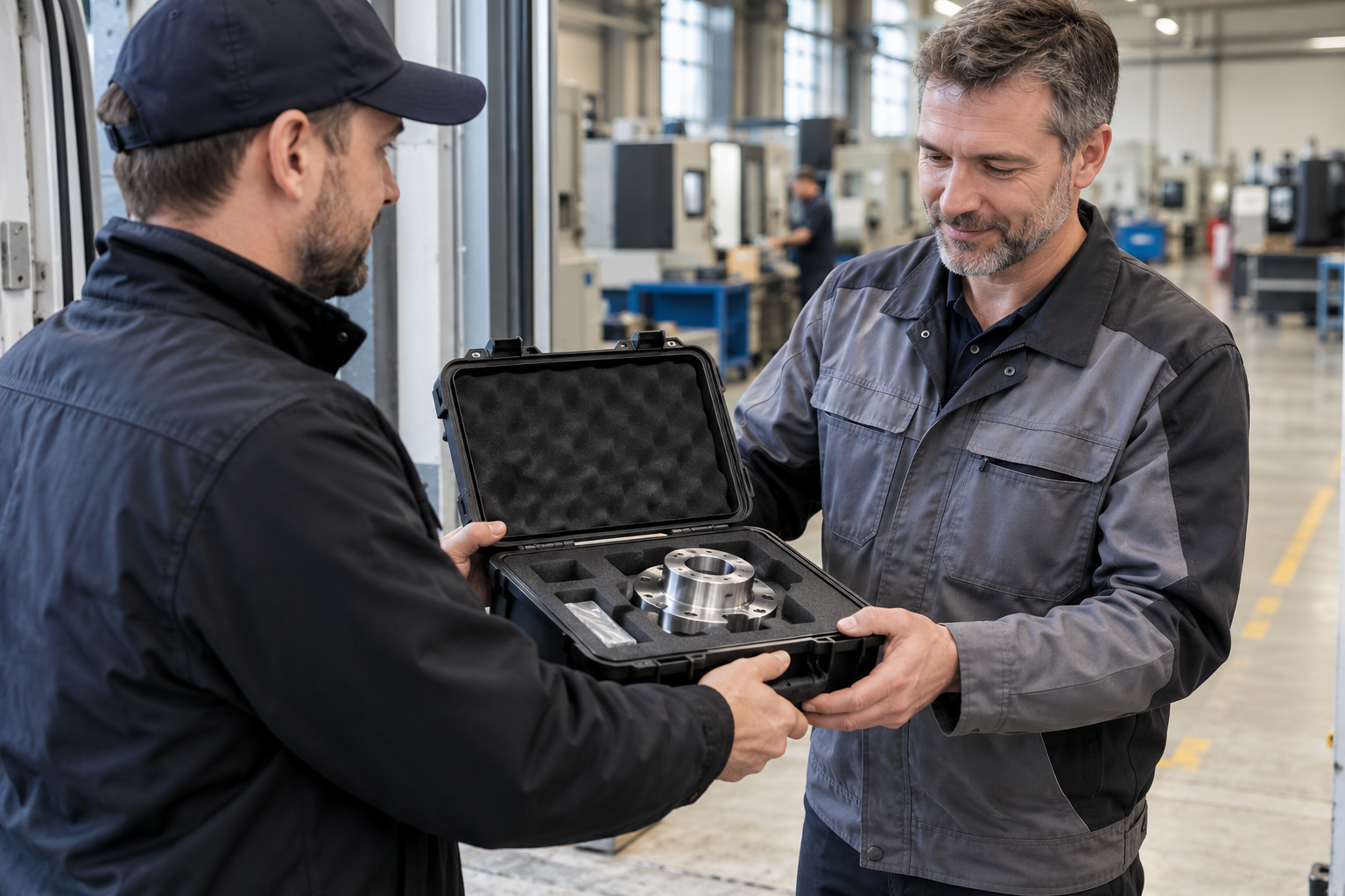 Übergabe eines geschützten Präzisionsteils am Werkstor